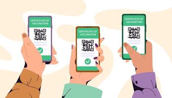 Flat hands holding phones and showing green certificate of vaccination. Smartphone with vaccine QR code in mobile app. Vaccinated people using digital health passport for travel. Immunity concept vector