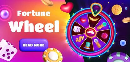 Spinning fortune wheel landing page. 3d lucky casino roulette with golden coins and diamond, prize icons, heart, magic hat and gem glow elements. Win banner vector illustration