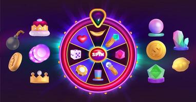 Casino roulette with golden coins and crown, heart, magic hat and diamond, gem, poker chips and dice element collection. Fortune game spin wheel and set of prize icons. Cartoon symbols for gamble vector