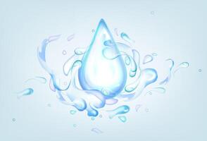 Blue drop with water splashes. Realistic 3d vector Illustration of fluid splashing isolated on light background. Liquid waves with swirls, clear pure aqua element with spray droplets. Hydration ad