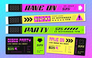 Festival bracelet and ticket for pass to event, disco. Paper hand band, color wristbands and night club party tickets. Vector illustration of music concert invitation with sample text. Access control