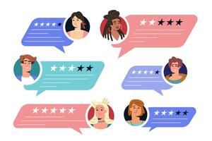 Customer feedback or opinions. Flat clients give online review, rate satisfaction level or service evaluation. Users in speech bubbles with testimonials messages and star rating vector