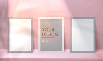 Empty photo frames mockup and background with tropical palm leaves shadow overlay. Vertical template poster, blank on pink backdrop with sunlight from window and shades of plants foliage on wall vector