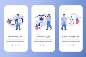 Flat ophthalmologist doctor check eyesight. Eye test, vision correction and care eyes with drops and eyeglasses. Ophthalmology vector website template. Landing page design for mobile app