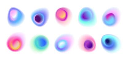 Realistic set of abstract radial gradient blur spots. Multicolor blurred circles, soft rainbow color dots isolated on white background. Glow blue and pink round design elements. Circular blurry stains vector