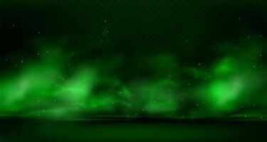 Green smog with flying particles on ground. Vector realistic illustration of fog clouds with bright flares and sparkles on floor. Chemical toxic vapour, smoke or poison gas in air on dark background