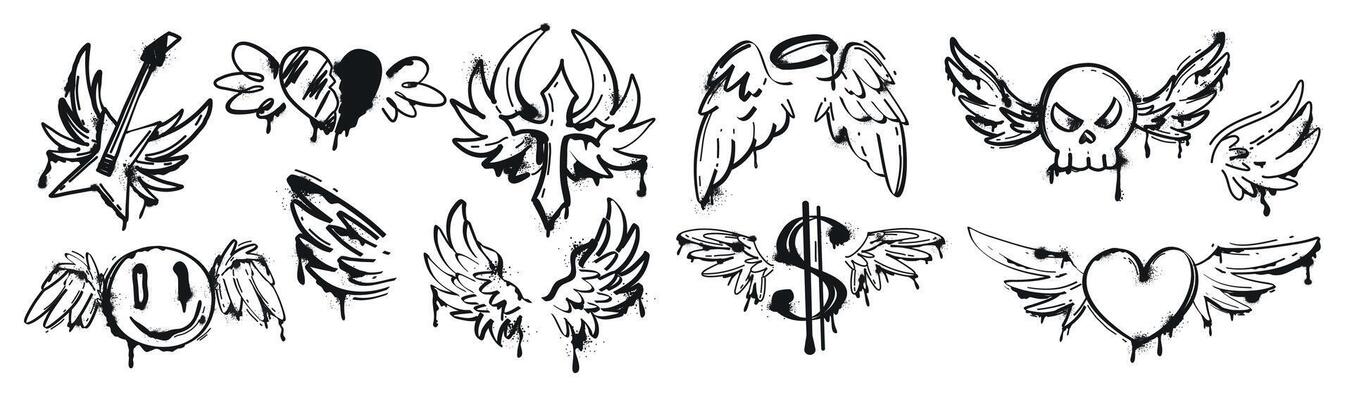 Spray paint graffiti wing with drips and splatter. Black inky human skull, rock guitar, dollar icon, cross, angel emoji and flying heart with wings. Grunge airbrush street style symbols and stickers