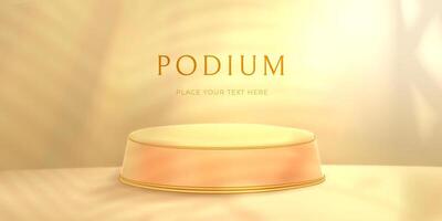 Round podium or pedestal with palm leaves background. Beige product display platform with golden decor. Studio showroom scene with tropical leaf shadow on wall from sunlight. Realistic 3d vector
