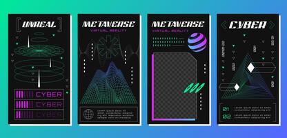 Retro futuristic posters with abstract 3d geometry wireframe grid. Technology graphic elements in vaporwave style. Geometric shapes, tunnel triangle in perspective view. Vector cyberpunk design