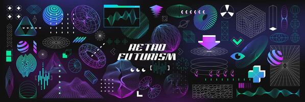 Geometry wireframe 3d mesh shapes, wavy lines and grids. Retro futuristic graphic design elements with neon purple gradient in vaporwave style. Retro y2k abstract forms, spheres and perspective tunnel vector