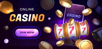 Online casino web banner with jackpot slot machine, button, neon smartphone and flying golden coins and dices on dark background. Lucky fortune, slots game with prize icons. Gambling website template vector