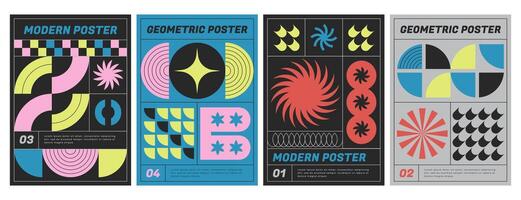 Modern geometric posters with abstract futuristic shapes. Vector flyers collection with colorful graphic elements, simple figures and headers in brutalist style. Covers collection with trendy prints