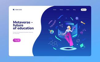 Vr education in metaverse augmented reality landing page. Girl in virtual reality glasses connected to holographic ar display. Character in cyberspace interacting with digital platform and learning vector