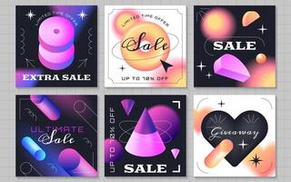 Set of sale trendy posts for social media. Vector poster template with blurred gradient geometric shapes and background . Modern banners with 3d realistic colorful objects different forms and lines