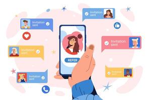 Refer a friend concept. Flat hand with smartphone to invite friends for community on social media group. Earn rewards, money bonus from online referral program. Teenagers follow and join to influencer vector