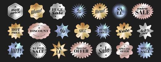 Metallic sunburst badges, price stickers different shapes. Starburst sale labels, promo tags or special offer design elements. Vector illustration set of discount emblem or stamp for retail sales