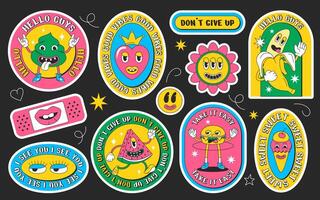 Psychedelic cartoon groovy stickers in retro style. Label or badge of trendy characters with funny faces. Hippy symbols in contemporary design isolated on black background. Vector set illustration