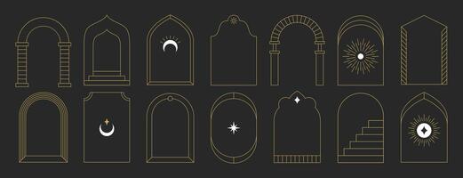 Boho mystic arch frame set with sun, moon, sparkles and stairs in trendy minimal liner style. Vector bohemian borders different shapes with mystical elements. Celestial esoteric frames line art