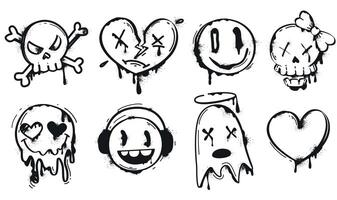 Black spray paint graffiti emoji of smiling face, heart, skull and ghost. Street art set of ink drip splatter face emoticon characters in hand drawing style. Painted urban elements on white background vector