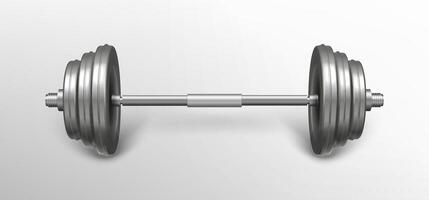 Metal realistic fitness barbell. Gym exercise equipment for bodybuilding training isolated on grey background. Silver iron sport object for weightlifting workout. Powerlifting gear for strong muscles vector