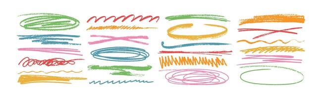 Colorful charcoal texture underline, squiggly lines, squiggles vector set. Pencil drawn stripes, scribbles, thin or rough strokes on white background. Grunge crayon emphasis and marker strikethroughs