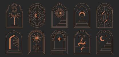 Boho frames in trendy linear style. Bohemian logos, mystical borders with minimal surreal door stairs, sun, moon, palm, cactus and esoteric symbols. Mystic staircase and arch set with magic elements vector