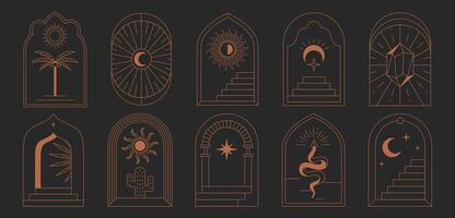 Boho frames in trendy linear style. Bohemian logos, mystical borders with minimal surreal door stairs, sun, moon, palm, cactus and esoteric symbols. Mystic staircase and arch set with magic elements vector