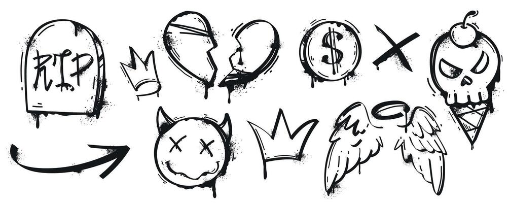 Black paint spray graffiti with splatter and drips. Street art set of angel wings, heart, crown, skull and devil sticker, arrow symbols in urban style. Painted elements isolated on white background