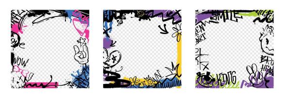 Graffiti border or frame with spray paint stickers, urban elements with ink drips. Vector set of covers with tags, abstract street art decoration and hand gestures isolated on transparent background