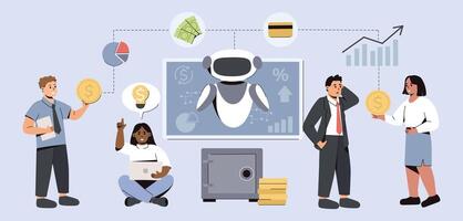 AI in financial management. People use artificial intelligence for effective use of money. Online robotic with innovative technologies help financiers automate banking payments, deposits or transfers vector