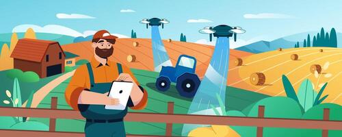 Cartoon farmer with digital tablet using robot drone to automate irrigation and spray liquid fertilizer of agricultural field. Agriculture innovation technology or smart farming system concept vector