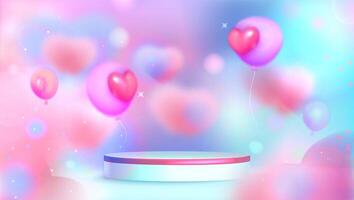 Vector realistic round podium on pink blurred sparkling background with heart balloons. Blurry pastel banner with pedestal for luxury product presentation with glowing sparkles and bokeh effect