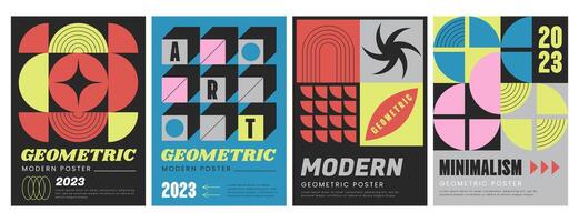 Modern aesthetics posters with abstract geometric shapes. Brutalist art style vector flyers collection with colorful graphic elements, basic figures and headers. Covers collection with trendy prints