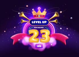 Level up game popup banner with crown, ribbons and trumpets. Reward badge, gui interface label, victory user of casino jackpot result for winner screen, vector cartoon illustration. Ui playing element