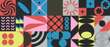 Abstract brutalist modern geometric pattern. Brutalism vector graphic color collage with basic futuristic shapes and bold figures, simple vector elements and prints. Cover in retro bauhaus style