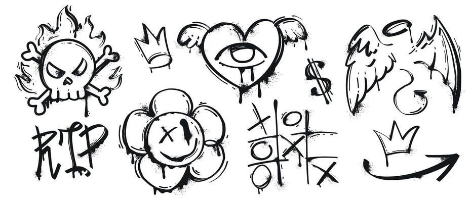 Black paint spray graffiti with splatter and ink drips. Street art set of angel wings, heart, arrow, tic tac toe and skull sticker in hand drawn. Painted urban elements isolated on white background