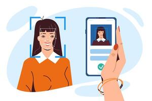 facial reconocimiento tecnología. teléfono inteligente en mujer mano con solicitud para identidad detección. móvil con escáner aplicación para escanear cara identificación. biométrico identificación y personal verificación concepto vector