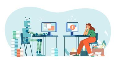 Robot vs human flat vector illustration. Robotic machine and tired woman at computer in office. Humanoid versus person. Artificial intelligence challenging employee. Modern ai technology