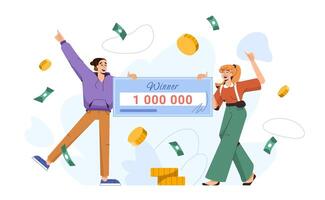 Flat lucky couple win lottery jackpot. Happy winners holding bank check for million dollars. Young characters with huge money prize from casino gambling game. Man and woman hold big winning bill vector