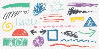 Hand drawn charcoal pencil squiggles, wavy lines and shapes. Color rough crayon strokes, arrows and curly scribbles collection. Freehand chalk smear, marker stripes and circles. Childish drawing set vector