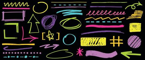 Acid color highlighter lines, arrows, circles, underline element vector set. Hand drawn highlight marker pen scribbles, stripes, colorful frames, brush underlines or brush strokes on black background