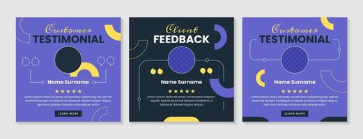 Customer feedback social media story. Vector set of square banners template design for client testimonials. Star rating review of products or business services. Quote layout in blue color