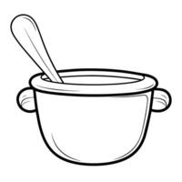 Elegant bowl and ladle outline icon in vector format for culinary designs.