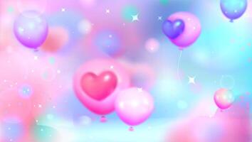 Blurred background with glitter sparkles and balloons with hearts. Pink abstract defocused banner with bokeh effect and glow. Horizontal blurry pastel layout with bright flashes and dots of light vector