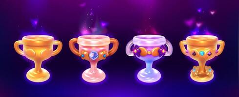 Set of game trophies, golden cups with gemstones. Collection of game props, gui design elements. Award goblets, glowing winners awards vector cartoon illustration isolated on dark background