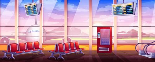 Cartoon vector illustration of empty airport lounge with waiting area. Terminal interior with schedule display, seats, escalator and vending machine. Departure hall with window and aircraft outside