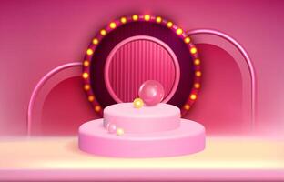 Circle stage with round frame and glowing light bulbs. Pink podium with sphere and glowing arch. Studio room platform for showcase, product or cosmetic presentation realistic vector illustration