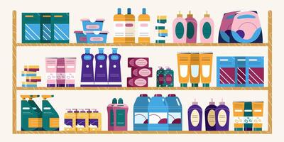 Supermarket shelves with detergent bottles and chemical cleaning supplies. Flat shelf with household chemicals, washing powder, personal hygiene items. Dometic chemistry store. Cleanser display racks vector