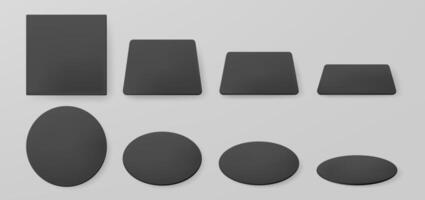 Black paper coasters for beer mug. Vector realistic mockup of blank square and round beermat in top view. Bierdeckel for cup or cardboard mat different shapes and angles isolated on grey background