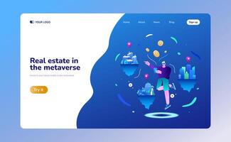 Real estate in the metaverse landing page. Man in vr glasses in cyberspace interacting with digital platform choose or buy house. Property sale via augmented reality flat vector illustration